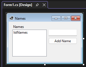 Visual Studio 2026 z otwartym formularzem dla Windows Forms dla .NET. Znajduje się tam listbox do przechowywania nazw, pole tekstowe do wprowadzania nazwy, oraz przycisk do dodawania imienia.
