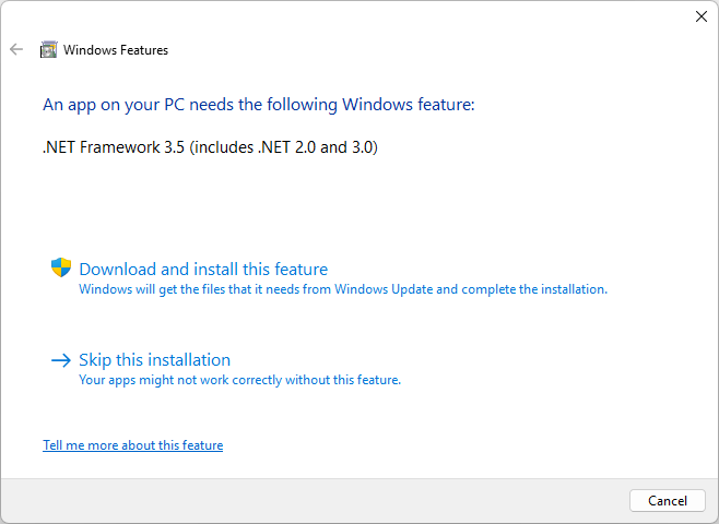 Zrzut ekranu przedstawiający okno dialogowe instalacji programu .NET Framework.