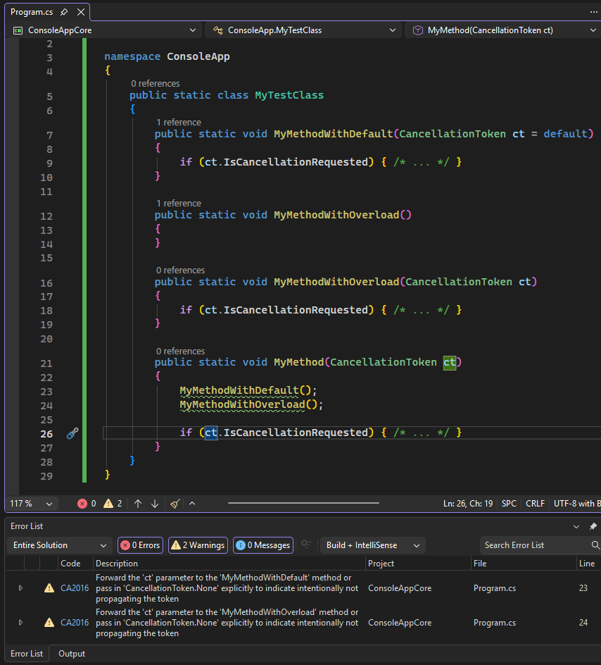Rule CA2016 — przekaż parametr CancellationToken do metod, które przyjmują jeden