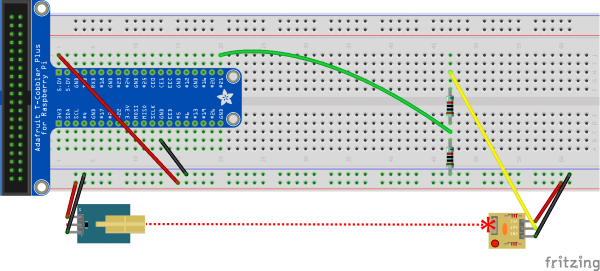 Diagram przedstawiający obwód, który pobiera dane wejściowe z modułu czujnika odbiornika laserowego.