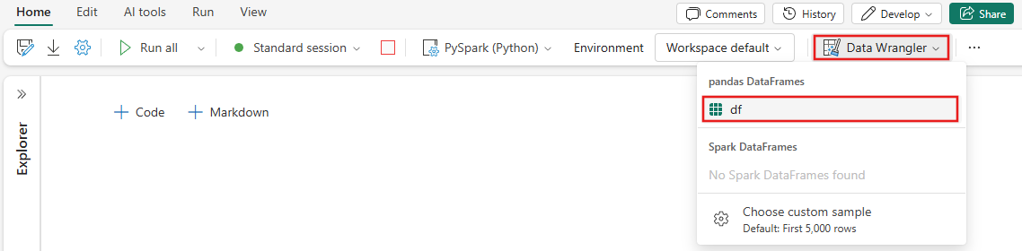 Zrzut ekranu pokazuje, jak uruchomić narzędzie Data Wrangler z notebooka.