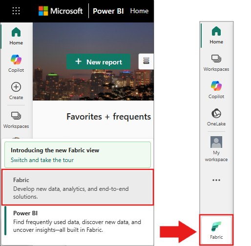 Screenshot przedstawiający wybór Fabric w menu przełącznika środowiska.