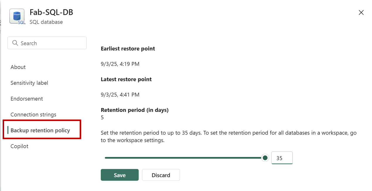 Zrzut ekranu z portalu Fabric przedstawiający sposób zmiany zasad przechowywania kopii zapasowych w ustawieniach bazy danych.