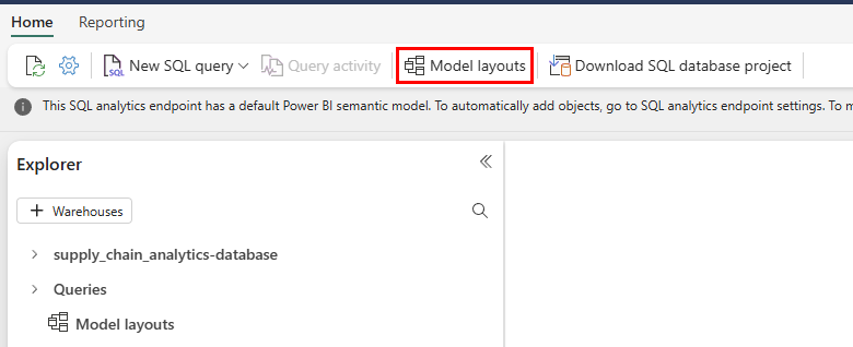 Zrzut ekranu z portalu Fabric w obszarze eksploratora bazy danych SQL i menu. Przycisk Układy modelu jest zaznaczony.
