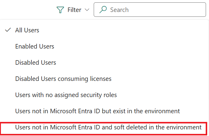 Wybierz opcję Filtruj z górnego menu dla użytkowników, którzy nie korzystają z Entra.