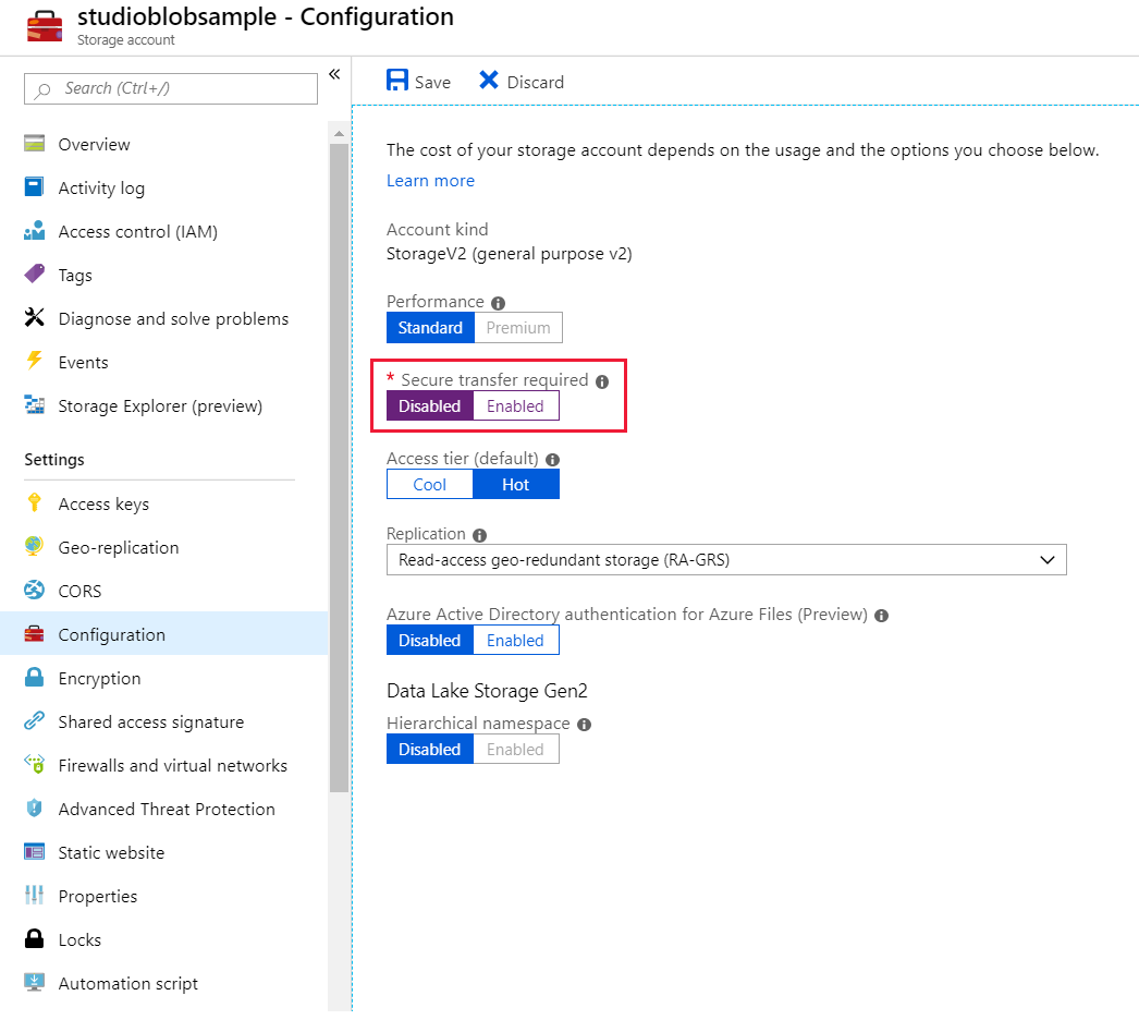 Wyłącz bezpieczny transfer w Azure Portal