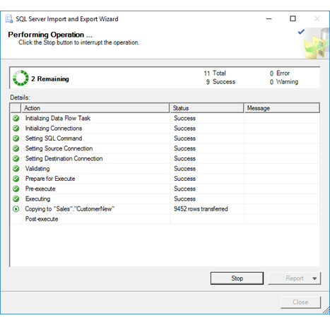 Strona Wykonywania operacji Kreatora importu i eksportu