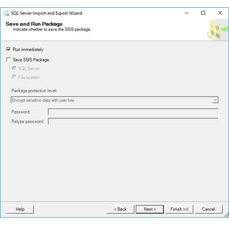 Strona zapisywania i uruchamiania pakietu Kreatora importu i eksportu