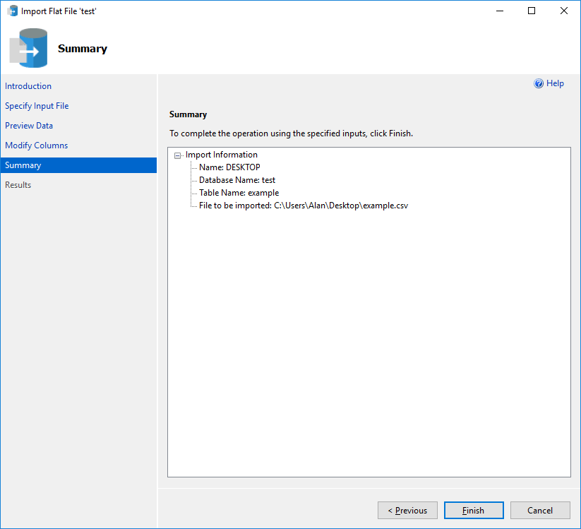 Zrzut ekranu przedstawiający menu Podsumowanie kreatora importu plików prostych.