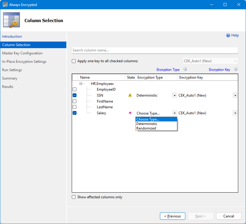 Zrzut ekranu przedstawiający wybór kolumny Kreatora Always Encrypted.