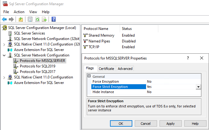 Zrzut ekranu przedstawiający kontrolkę interfejsu użytkownika programu SQL Server Configuration Manager, okno dialogowe Konfigurowanie protokołów.