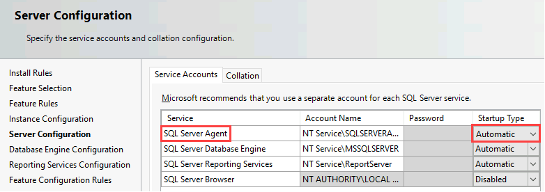 Zrzut ekranu przedstawiający stronę Konfiguracja serwera. W tabeli wyróżniono usługę SQL Server Agent i typ uruchamiania Automatyczne.