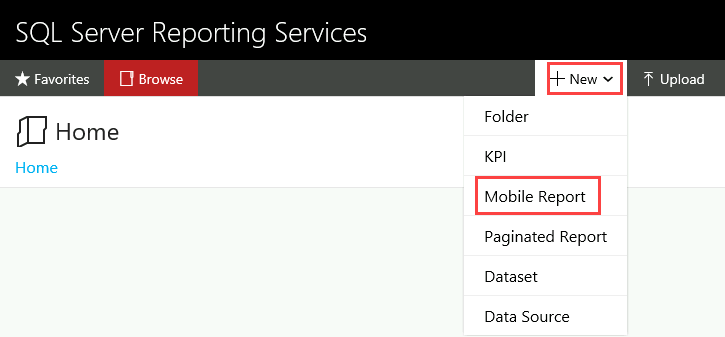 Zrzut ekranu przedstawiający portal internetowy z opcjami menu Nowy. Wyróżniono menu Nowy i opcję Raport mobilny.