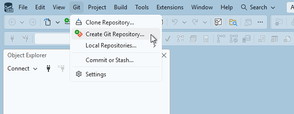 Zrzut ekranu przedstawiający opcję Utwórz repozytorium Git z menu Git w programie SQL Server Management Studio.