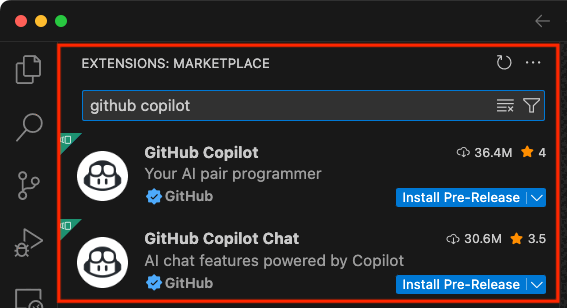 Zrzut ekranu przedstawiający rozszerzenie GitHub Copilot w programie Visual Studio Code.