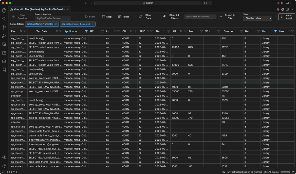 Zrzut ekranu przedstawiający zastosowane aktywne mikroukłady filtrów DatabaseName i ApplicationName.