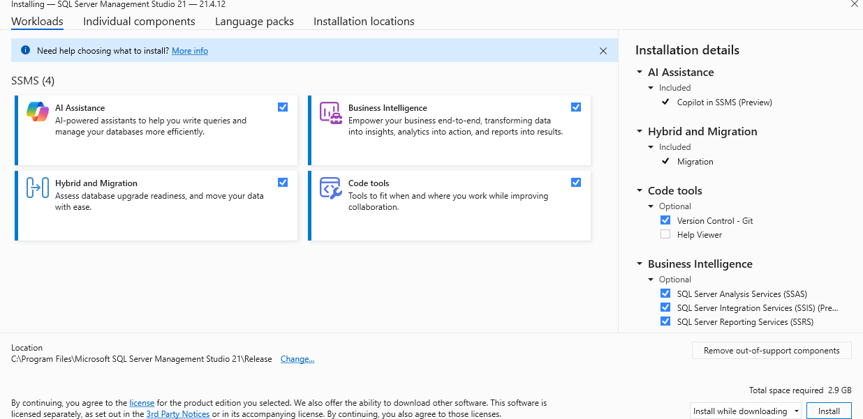 Zrzut ekranu przedstawiający okno Instalatora programu Visual Studio z wyborem obciążenia.