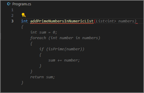 Zrzut ekranu przedstawiający autouzupełnianie dla metody, która dodaje liczby pierwsze na liście.