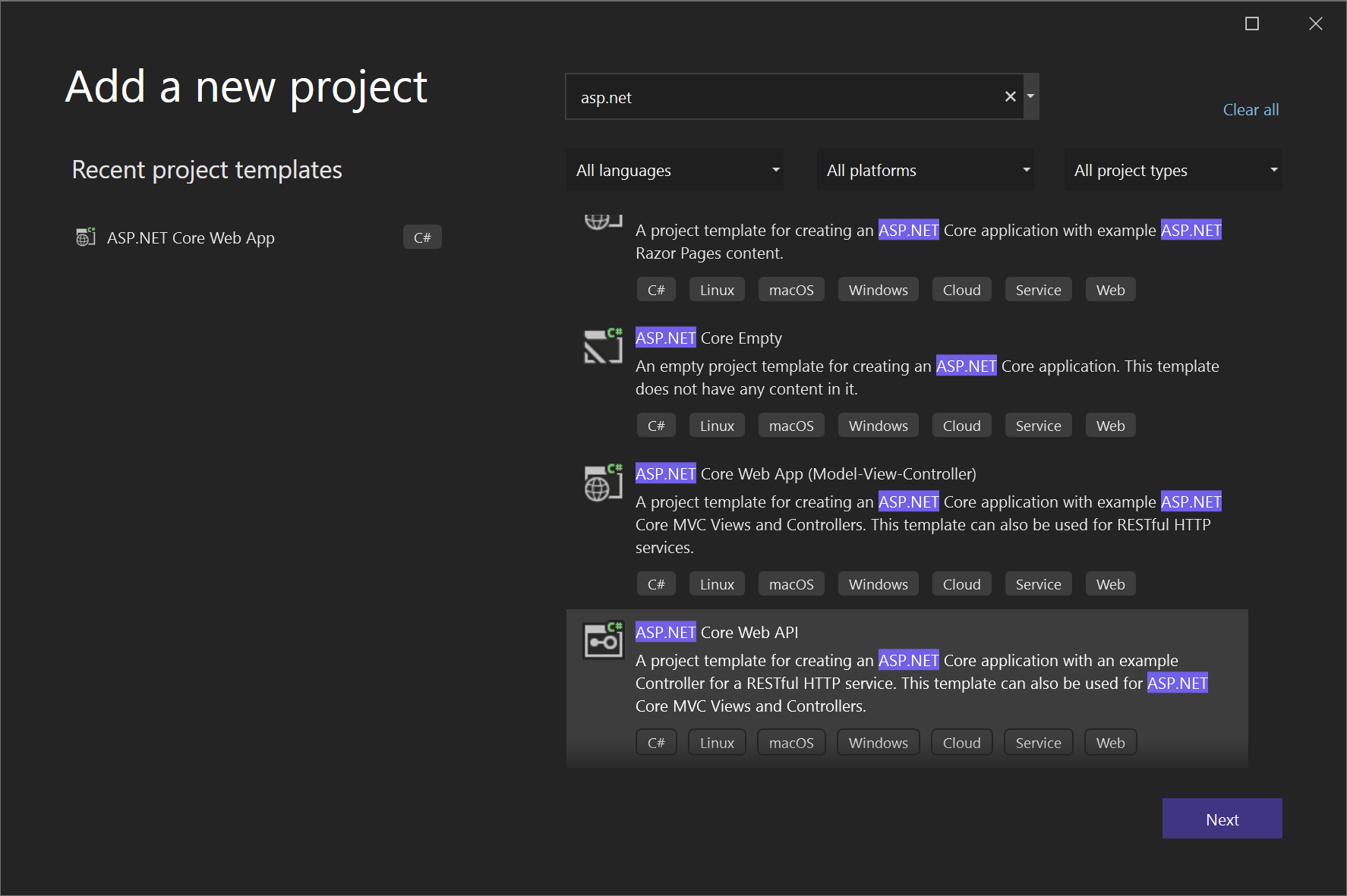 Zrzut ekranu z tworzenia projektu Web API.