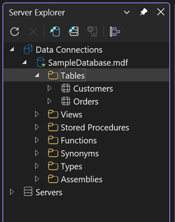 Zrzut ekranu przedstawiający rozwinięty węzeł tabeli.