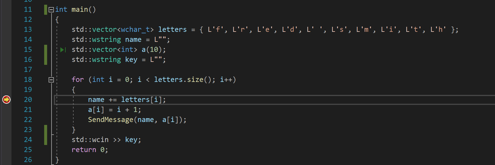 Zrzut ekranu pokazujący debuger wstrzymany na ustawionym punkcie przerwania w programie Visual Studio.