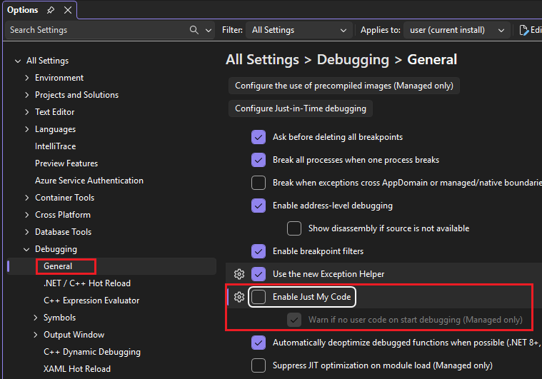 Zrzut ekranu przedstawiający ustawienia debugowania programu Visual Studio.