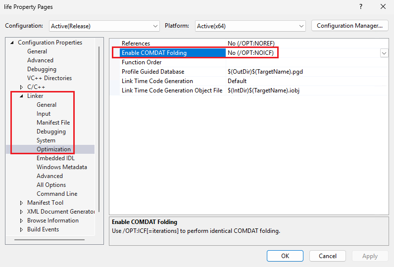 Zrzut ekranu przedstawiający właściwości projektu optymalizacji Linkera.