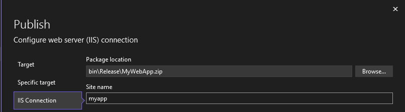 Zrzut ekranu przedstawiający ekran Kreatora publikowania w celu opublikowania na serwerze IIS przy użyciu opcji Pakiet Web Deploy.