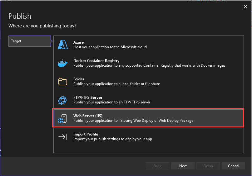 Zrzut ekranu przedstawiający opcję publikowania w usługach IIS.