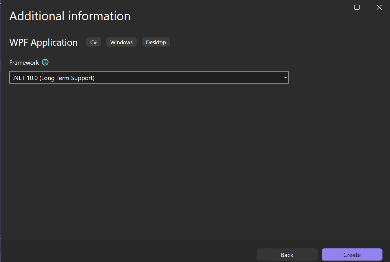 Zrzut ekranu przedstawiający okno Dodatkowe informacje z wybraną platformą .NET 10.0 jako platformą docelową dla nowego projektu.