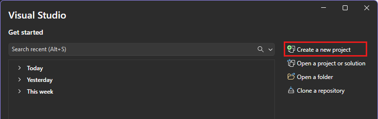 Zrzut ekranu przedstawiający opcję Utwórz nowy projekt w oknie uruchamiania programu Visual Studio.