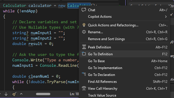 Zrzut ekranu przedstawiający opcję menu Przejdź do definicji.