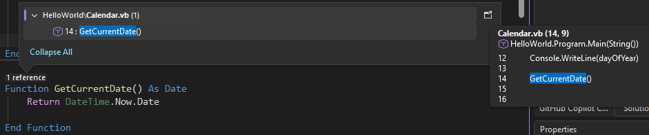 Screenshot przedstawiający kod CodeLens w Visual Studio.
