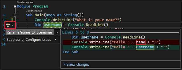 Screenshot przedstawiający akcję Zmień nazwę w Visual Studio 2022.