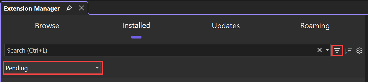 Zrzut ekranu przedstawiający sposób filtrowania listy rozszerzeń w celu wyświetlenia tylko rozszerzeń, które mają oczekujące aktualizacje.