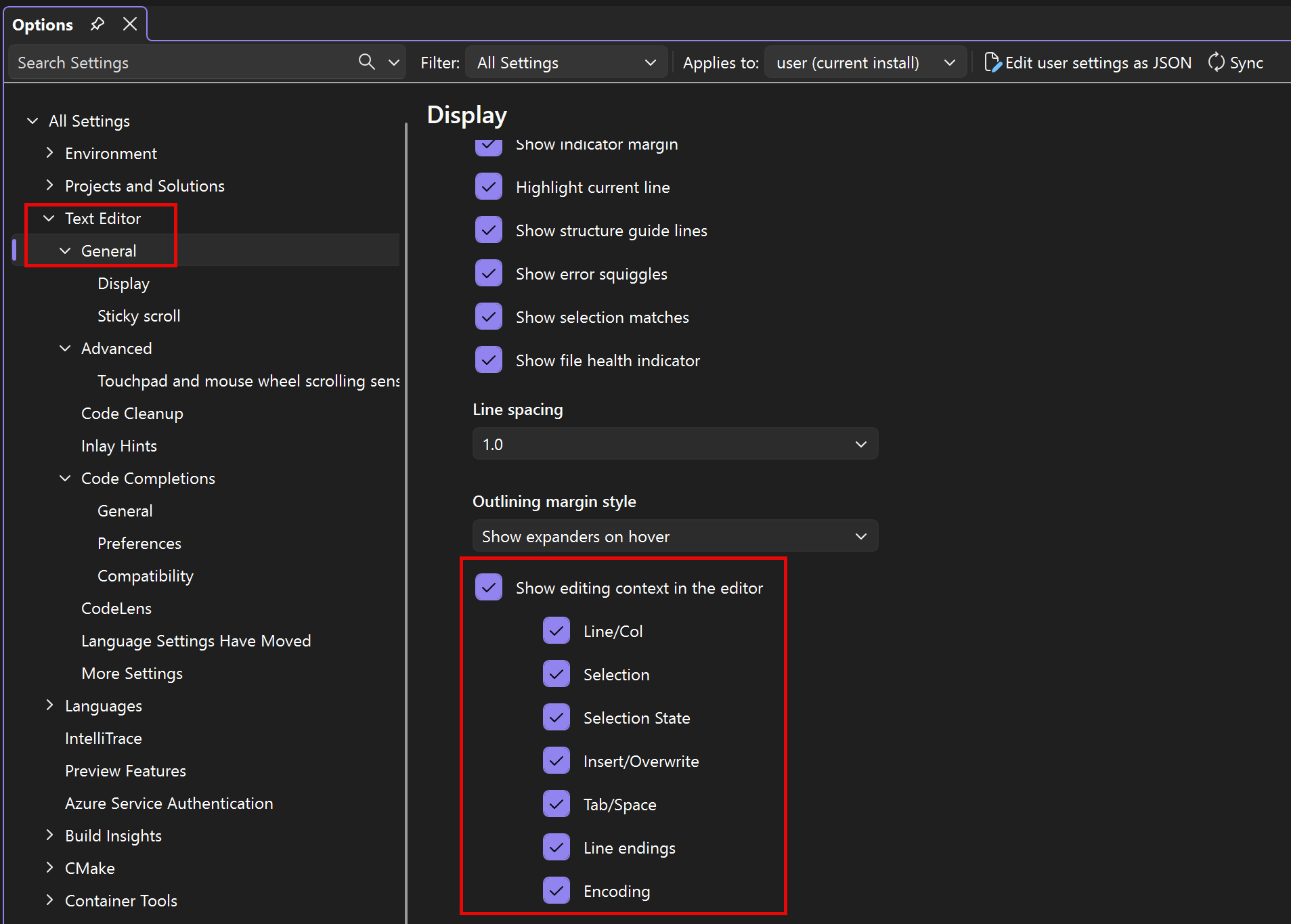Zrzut ekranu przedstawiający Opcje narzędzi > w Edytorze tekstu > Ogólne, z wyróżnionym ustawieniem Pokaż kontekst edycji w edytorze.