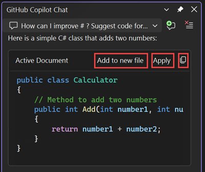 Zrzut ekranu przedstawiający opcje kopiowania bloku kodu, wstawiania kodu do nowego pliku lub wstawiania kodu w bieżącym pliku.