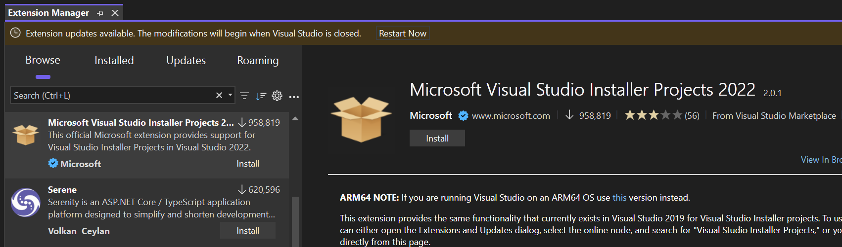 Zrzut ekranu przedstawiający sposób powiadamiania programu Visual Studio o dostępnych aktualizacjach rozszerzeń.