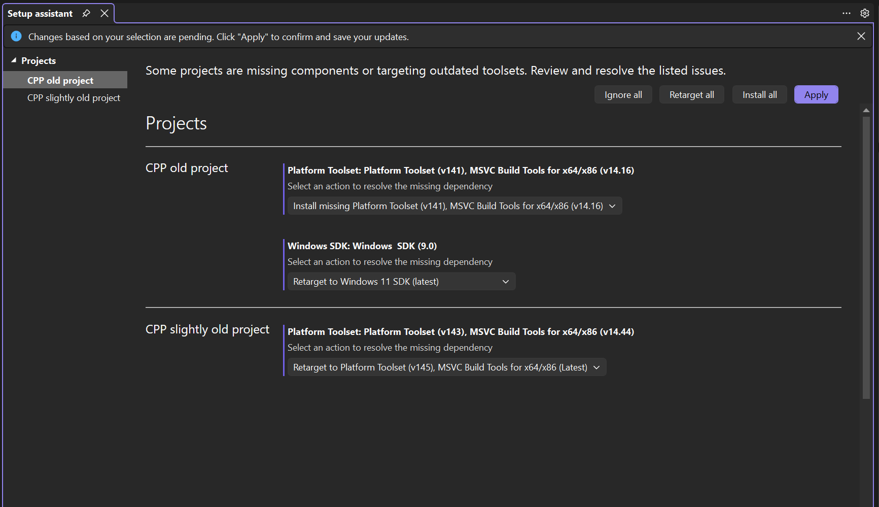 Zrzut ekranu przedstawiający Asystenta ustawień języka C++.