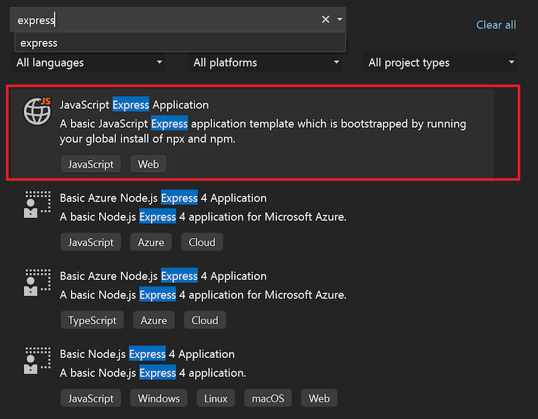 Zrzut ekranu przedstawiający sposób wyszukiwania i wybierania szablonu aplikacji JavaScript Express w oknie Start programu Visual Studio.