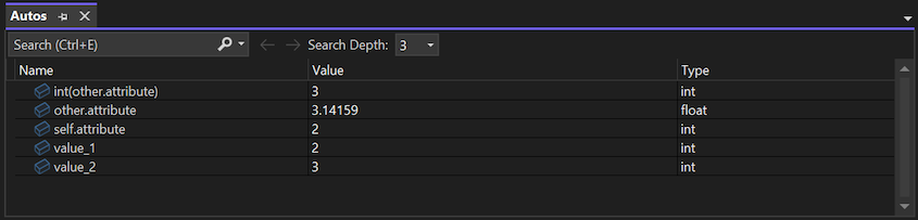 Zrzut ekranu przedstawiający okno Autos w debugerze programu Visual Studio.
