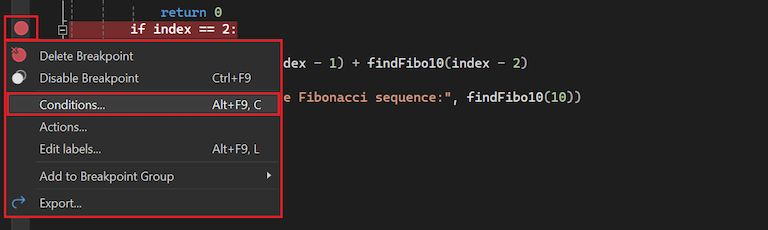 Zrzut ekranu przedstawiający sposób wybierania opcji konfigurowania warunków punktu przerwania w programie Visual Studio.