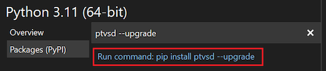 Zrzut ekranu przedstawiający sposób wybierania polecenia ptvsd upgrade w oknie Środowiska języka Python.
