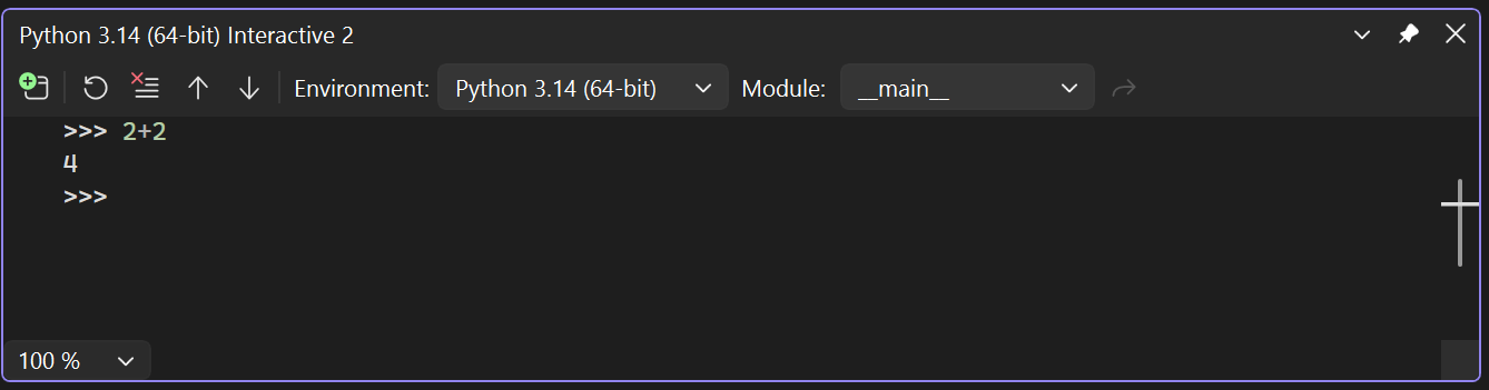 Zrzut ekranu przedstawiający sposób testowania obsługi języka Python przy użyciu okna interaktywnego.