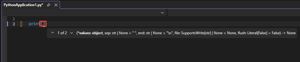 Zrzut ekranu przedstawiający opcje autouzupełniania funkcji IntelliSense dla funkcji drukowania w edytorze w programie Visual Studio.