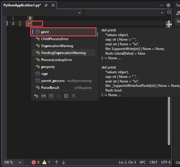 Zrzut ekranu przedstawiający opcje autouzupełniania funkcji IntelliSense w edytorze w programie Visual Studio. Opcja uzupełniania domyślnego jest wyróżniona.