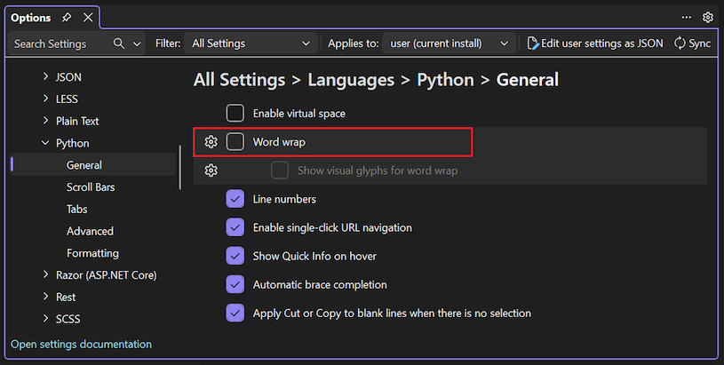 Zrzut ekranu przedstawiający sposób włączania zawijania wyrazów dla języka Python w programie Visual Studio.