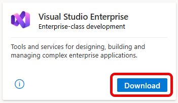 Zrzut ekranu przedstawiający kafelek programu Visual Studio Enterprise i towarzyszący przycisk 