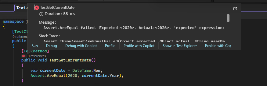 Zrzut ekranu przedstawiający ikonę CodeLens języka C++ po wybraniu jej w celu uzyskania szczegółowych informacji w programie Visual Studio.