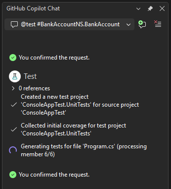 Zrzut ekranu przedstawiający uruchamianie generowania testów przez Copilot.